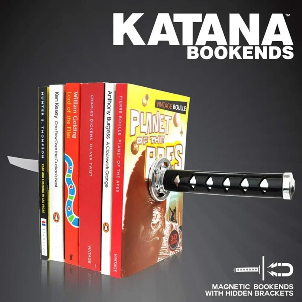 Book ending decoration, modern metal interesting unique black DVD bookshelf, katana book stuffing holder for the office home