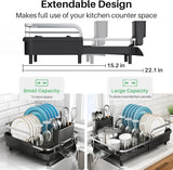 Dish Drying Rack, Expandable Dish Rack for Kitchen Counter, Stainless Steel Dish Drainer with Drainboard Set