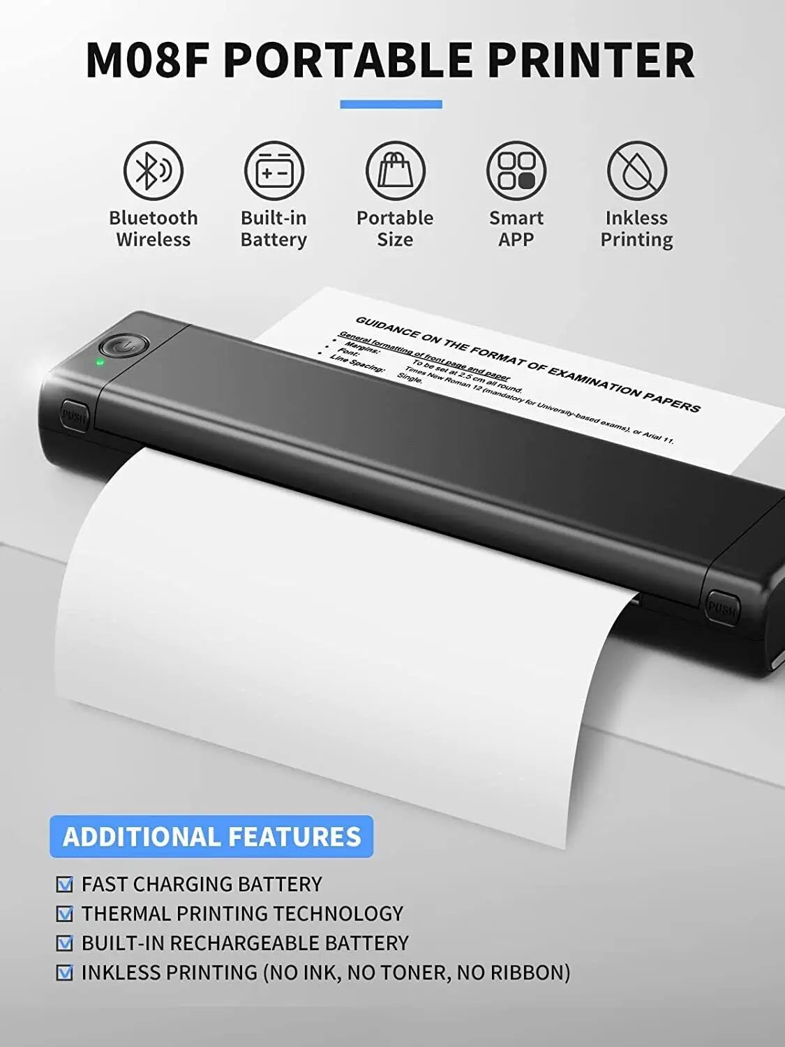Mini Phomemo M08F Portable Printer Bluetuth Thermal Printer Compatible with Android, iOS & Laptop Portable Wireless A4 Printers