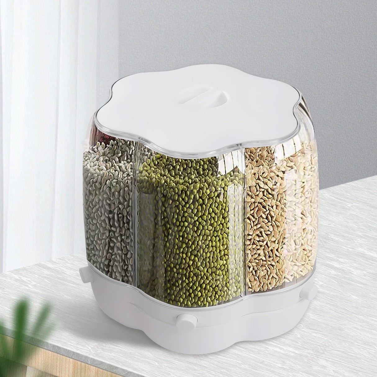 6-Compartment Cereal Dispenser, 360° Rotation, 164lbs Capacity, Airtight Sealing, Transparent Design for Dry Food Storage