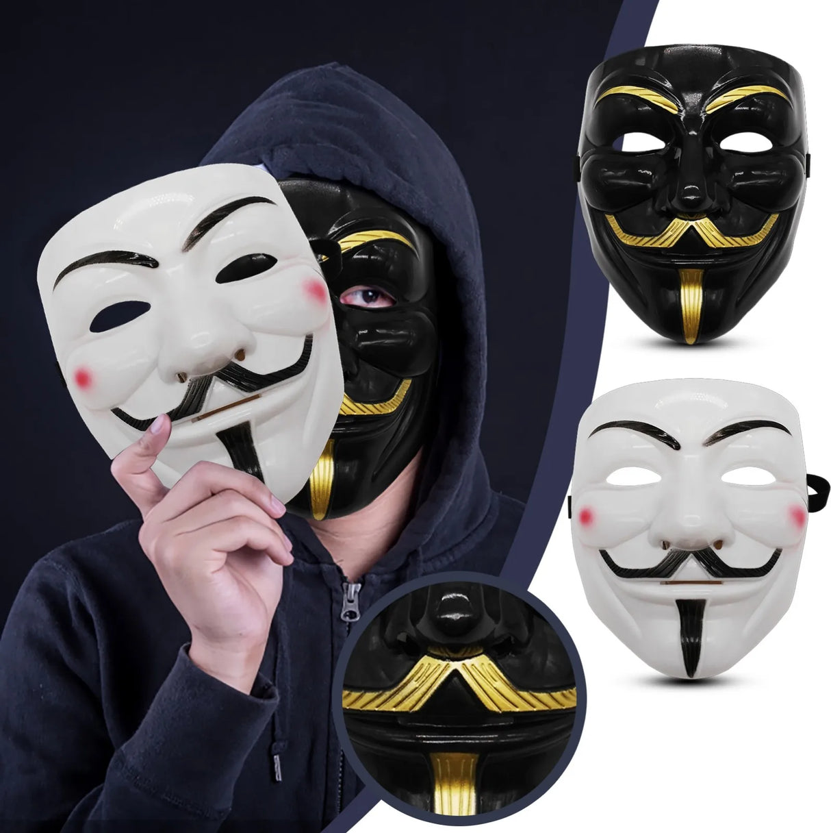 Guy Fawkes Mask Black/White Revolutionary Style Halloween Cosplay Face Cover Party Accessories