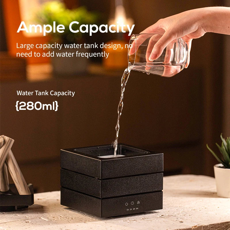 Home campfire aroma diffuser 280ml, desktop USB air spray humidifier remote control colorful flame lamp essential oil diffuser.