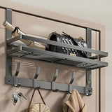 Home Multifunctional Metal Hook Door Hanger Over-The-Door Storage Rack With 6 Hooks & 1 Baskets For Hanging Clothes Wall Hanging