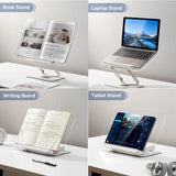 Book Stand for Reading, Adjustable Book Holder with 360° Swivel Base Foldable Stand Recipe Book Holder with Elastic Page Clips