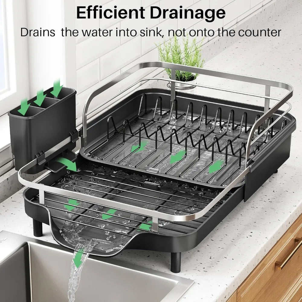Dish Drying Rack, Expandable Dish Rack for Kitchen Counter, Stainless Steel Dish Drainer with Drainboard Set