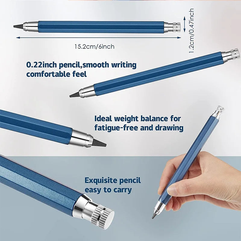 Metal Drawing Pencil with 2B 4B 6B 8B Leads Set Professional Art Sketch Mechanical Pencil Kawaii Stationery(1Pencil+1Lead) 5.6mm