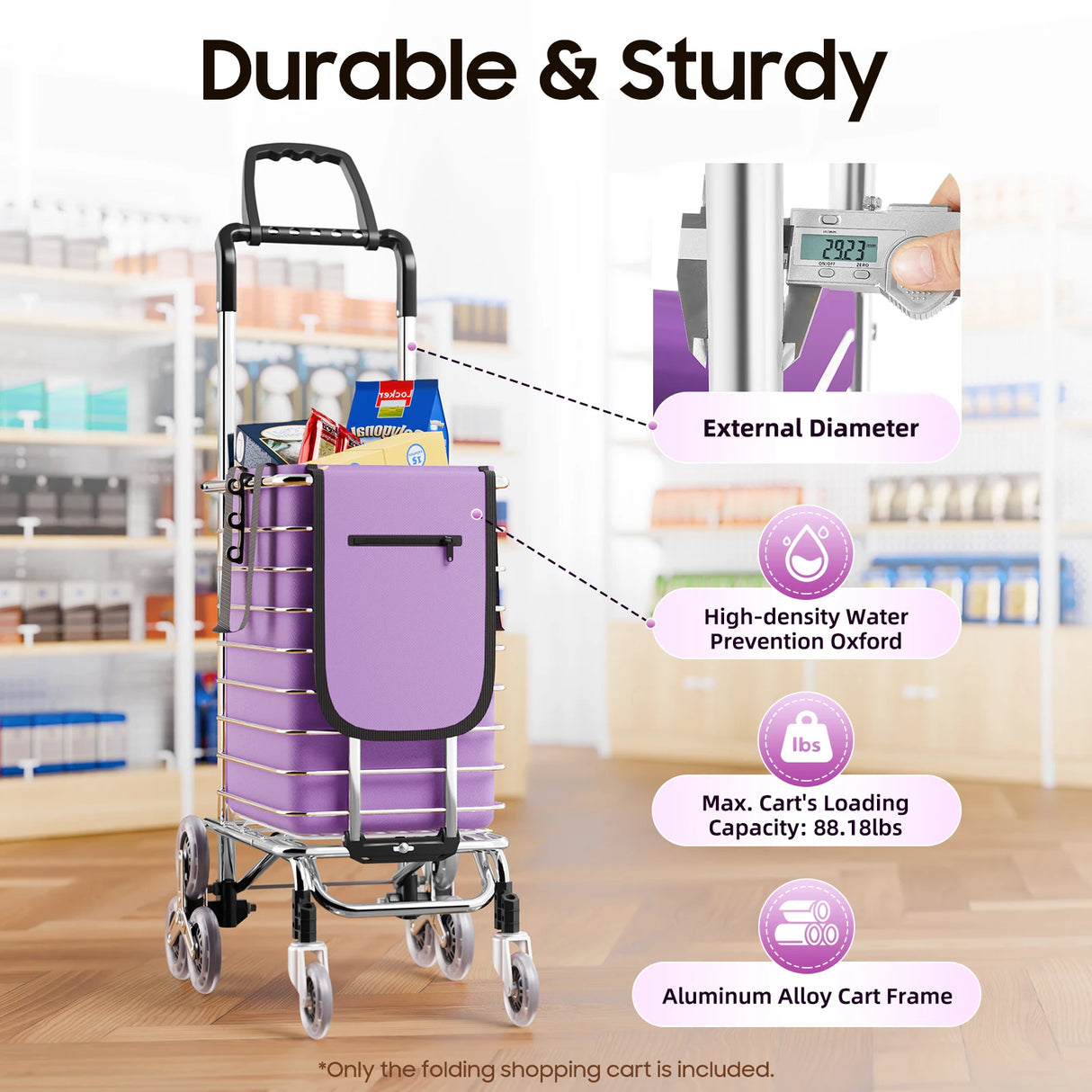 Foldable Shopping Cart with Wheels, 40kg Capacity Portable Grocery Trolley for Supermarket Market Travel Stair Climbing