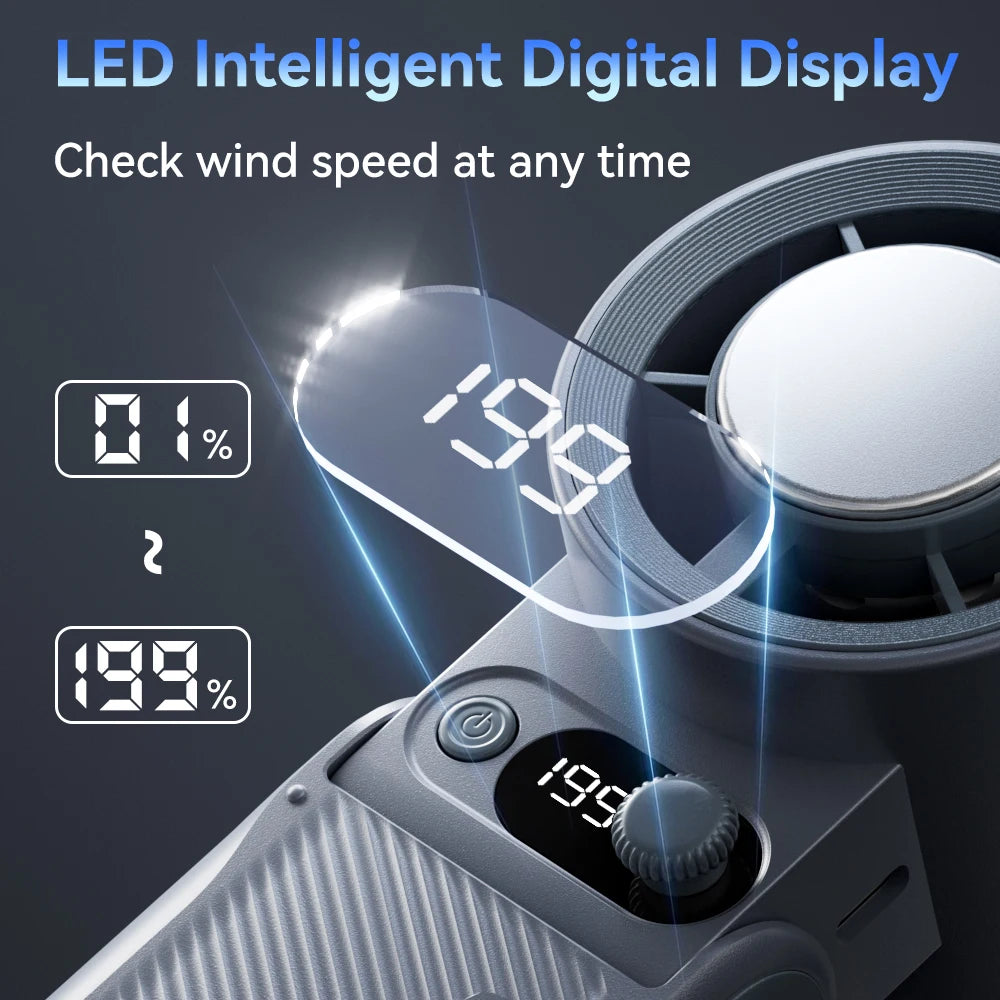 Portable Handheld fan Strong Wind 199 Gear Wind speed LED Digital Display Adjustable Turbo Portable Outdoor Handheld 8000mAh