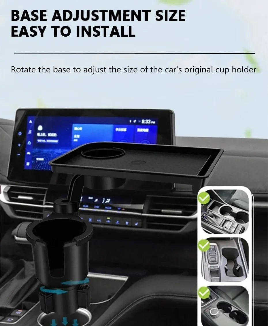 Car Cup Holder Expender Multi-Function Drink Holder with Food Table 360 Degree Adjustable Base Tray for Lunch Snack
