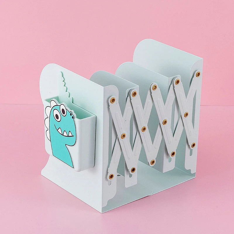 Adjustable Metal Bookends Desk Book Storage Stretch Book Holder With Pen Holder Office Supplies For Desktop Organization