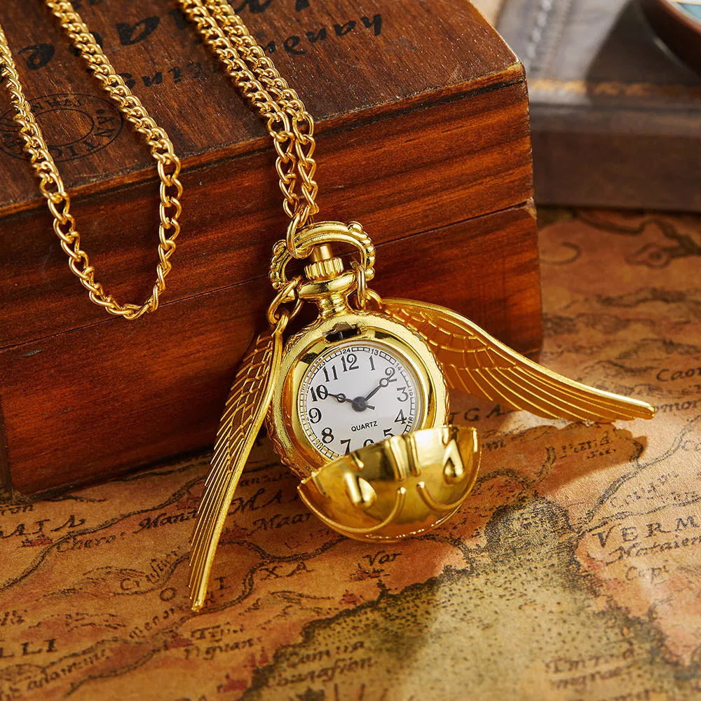 Harry Potter Peripheral Pocket Watch Necklace - Golden Snitch Retro Flip Lid Big Wings Pendant Commemorative Watch