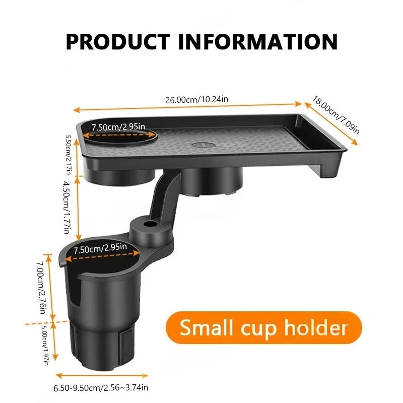 Car Cup Holder Expender Multi-Function Drink Holder with Food Table 360 Degree Adjustable Base Tray for Lunch Snack