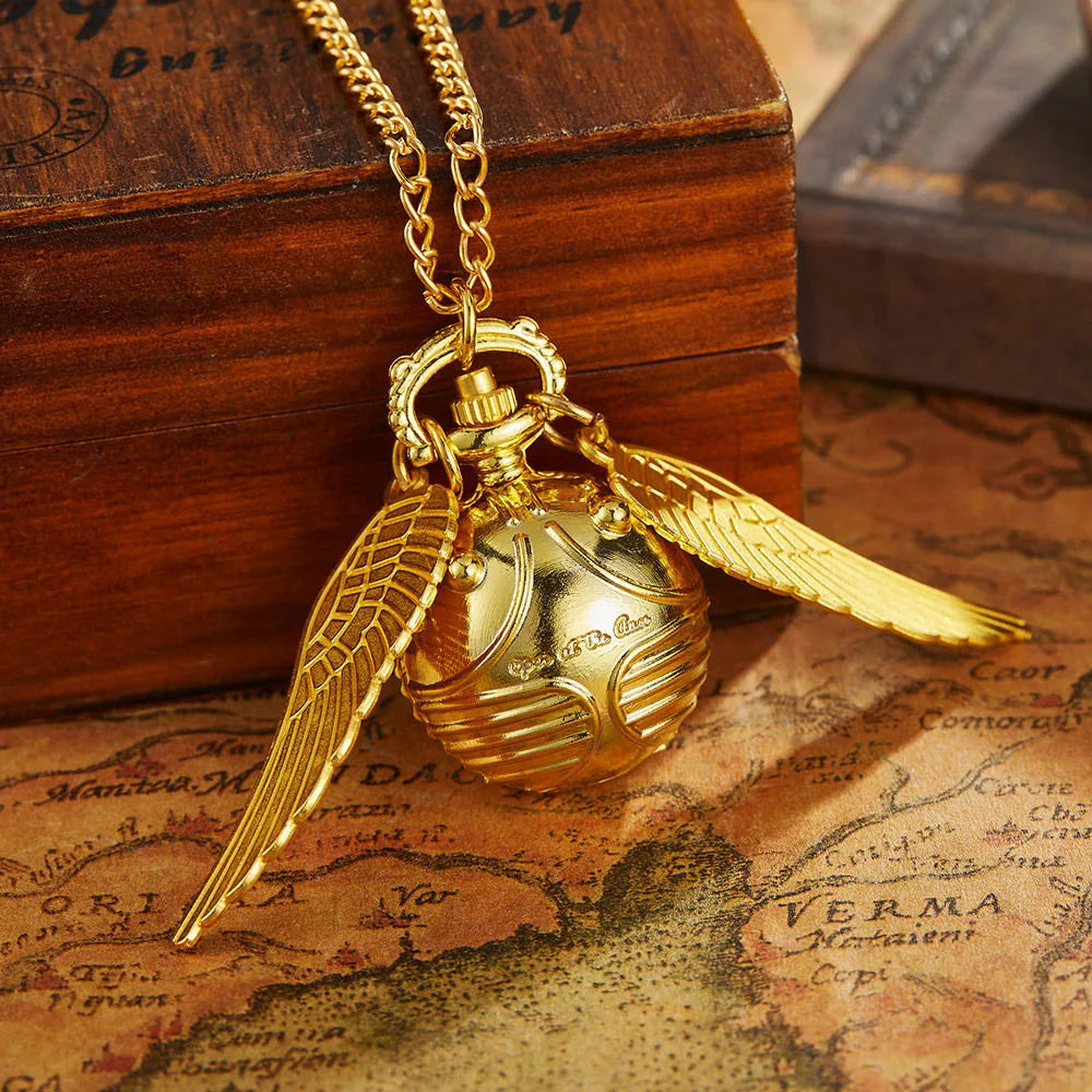 Harry Potter Peripheral Pocket Watch Necklace - Golden Snitch Retro Flip Lid Big Wings Pendant Commemorative Watch