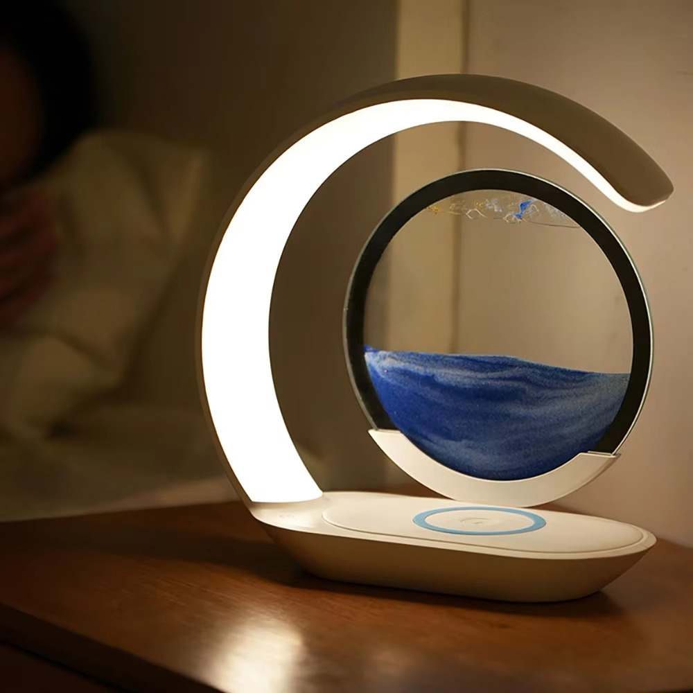Quicksand Table Lamp Wireless Charging Desk Lamp 3D Hourglass Ornaments Sand Painting Night Light for Office Room Decoration