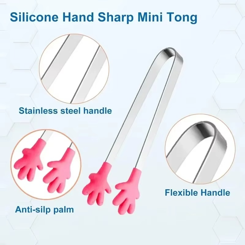 Silicone Mini Tongs, 5Inch Hand Shape Food Tongs, Colourful Small Kids Tongs for Serving Food, Ice Cube, fruits, Sugar, Barbecue
