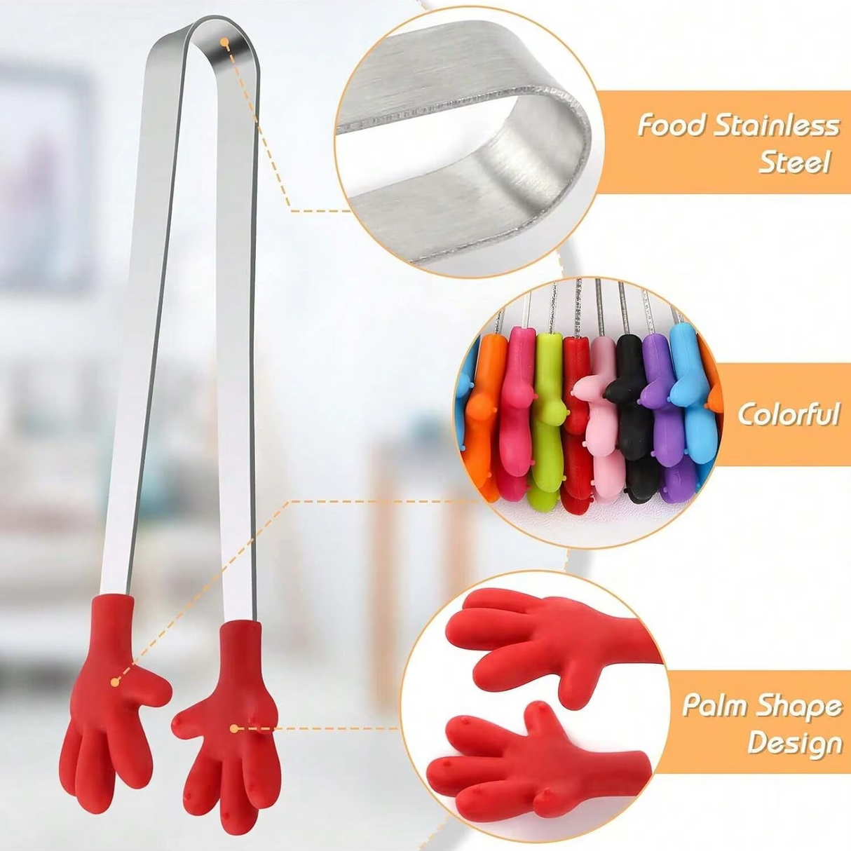 Silicone Mini Tongs, 5Inch Hand Shape Food Tongs, Colourful Small Kids Tongs for Serving Food, Ice Cube, fruits, Sugar, Barbecue