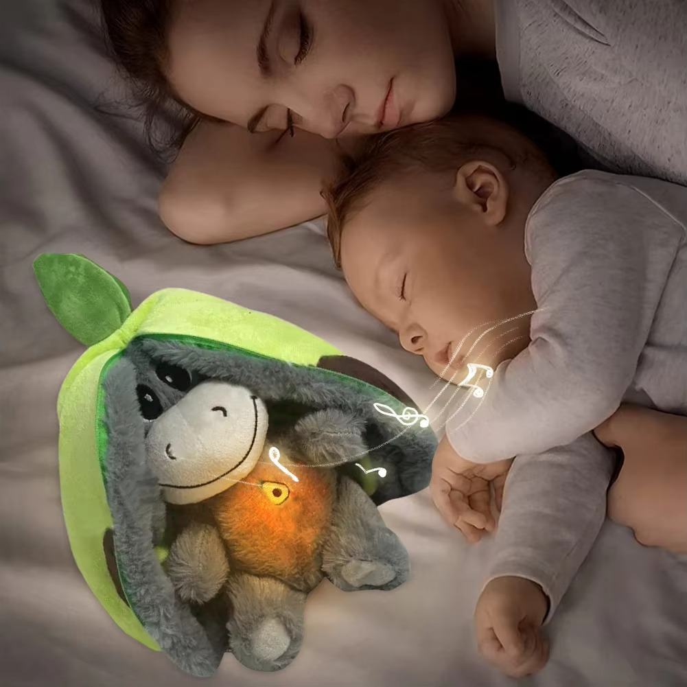 Baby Plush Doll Breathing Donkey Soothing Sleep Playmate for Kids Music Sleeping Companion Sound Light Doll Toy Gifts for Newbor