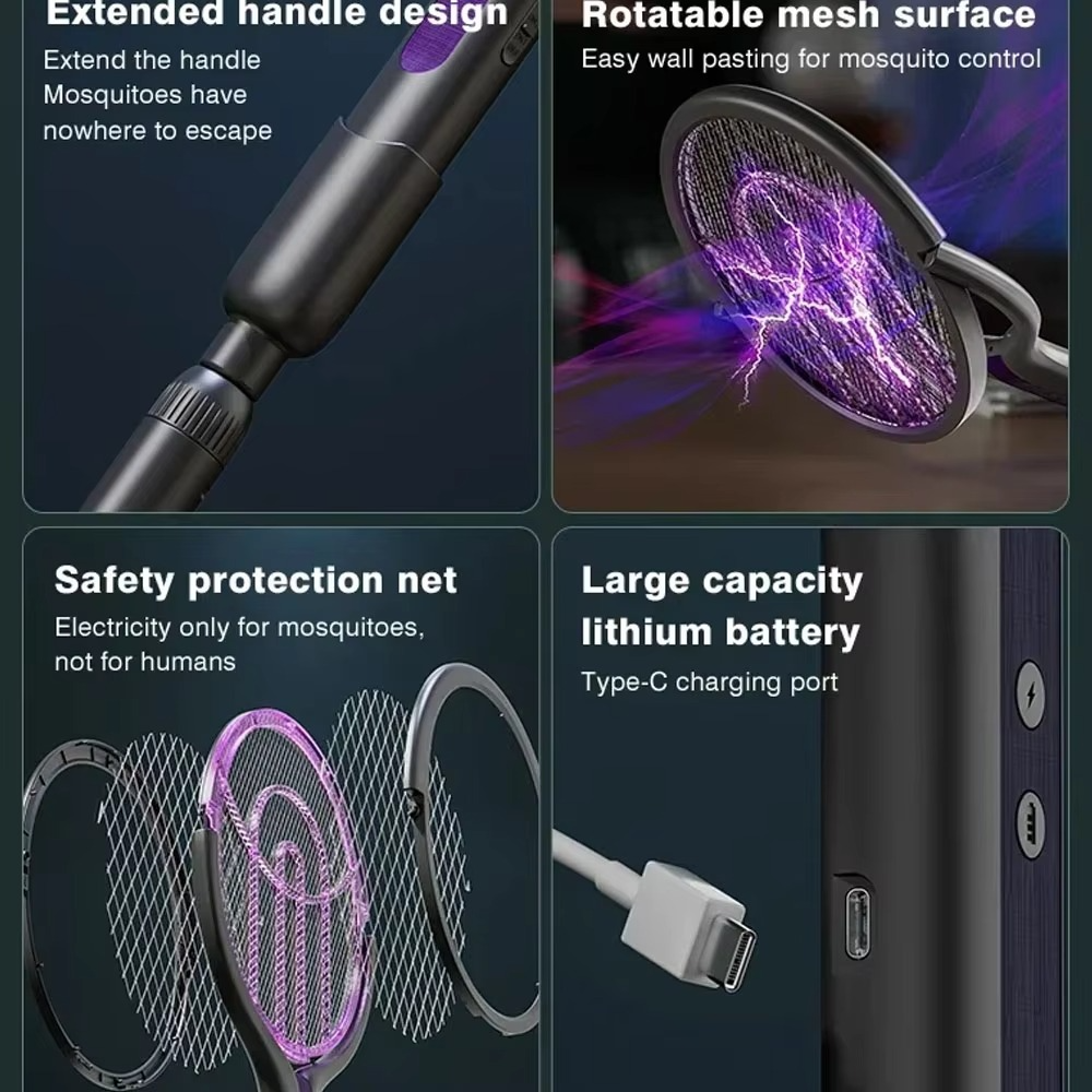 Multi Functional 2-in-1 Mosquito Killer Lamp Angle Retractable Mosquito Swatter USB Rechargeable Mosquito Swatter Bat Swatter