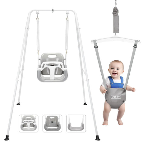 2 in 1 Toddler Swing Set Foldable Kids Swing & Baby Jumper for Indoor&Outdoor Play Adjustable Children Swing Set for Toddler Aged 1~5 Years (Grey)