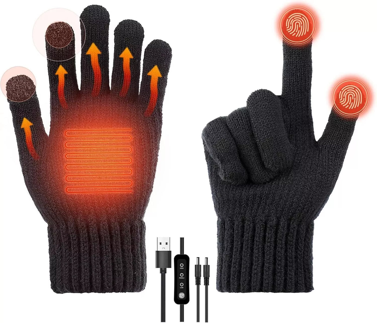 Electric Heated Gloves USB Rechargeable Touch Screen Warm Thermal Gloves Winter