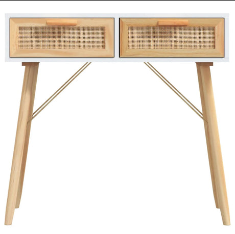 Console Table White 80x30x75 cm Solid Wood Pine&Natural Rattan