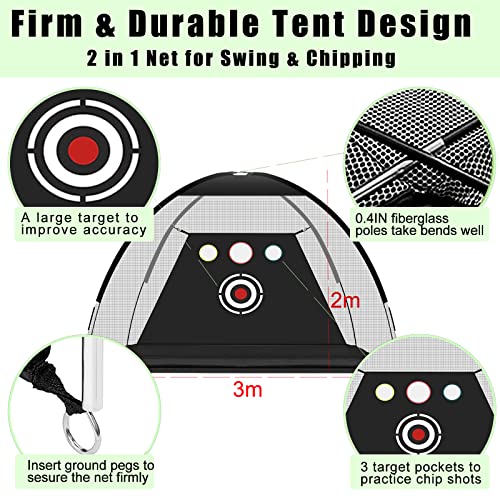 Golf Net, 10x7x3ft Golf Hitting Practice Nets Kit | with 2 Golf Training Mats, Including One for Swing Detection | Target Cloth, 15 Golf Tees, 12 Golf Balls | Driving Range for Backyard & Indoor