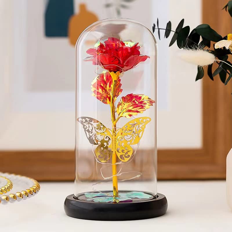 Glass Preserved Eternal Rose, Birthday Gifts for Women, Artificial Colorful Rose with Led Light, Beauty and The Beast Dome, Mother's Day Birthday Gifts from Daughter （Red）