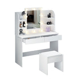 Luxsuite Dressing Table Stool Set with Led Light Makeup Vanity Table 2 Drawers Storage Shelves Mirror White