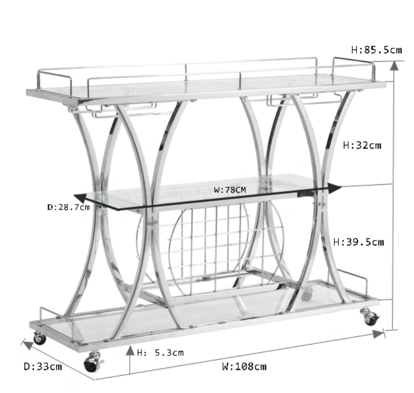 Chrome Stainless Steel & Glass Shelves Bar Cart Holders with 12 Glasses and 11 Wine Bottles, Silver