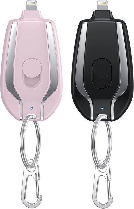 Mini Power Emergency Pod, 1500mAh Keychain Portable Charger for iPhone or Type-c, Key Ring Cell Phone Charger, Retractable Multifunctional Small Portable Cell Phone Mobile Powe (For iphone,Black+pink)