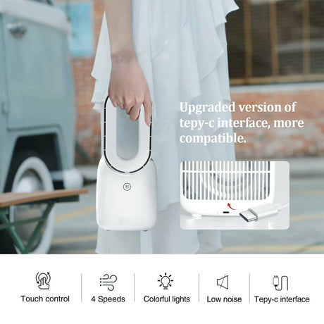 Desk Fan, 4400mAh 11.8 Inch Bladeless Fan Small Table Fan Air Cooler, Portable Rechargeable Breeze Quiet Fan with Touch Control 5-Colors Decorative LED Light for Office Bedroom