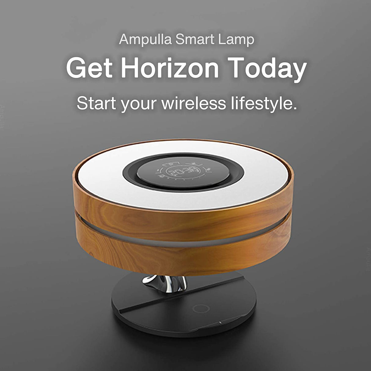 Ampulla Horizon Bedside Lamp with TWS Bluetooth Speaker and 10W Wireless Charger, Table Lamp Desk Lamp with Digital Clock, Stepless Dimming and Sleep Mode for Light Sleeper