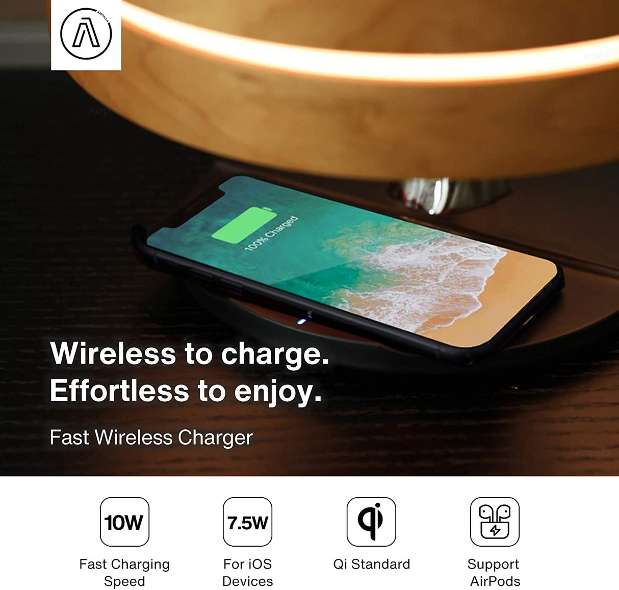 Ampulla Horizon Bedside Lamp with TWS Bluetooth Speaker and 10W Wireless Charger, Table Lamp Desk Lamp with Digital Clock, Stepless Dimming and Sleep Mode for Light Sleeper