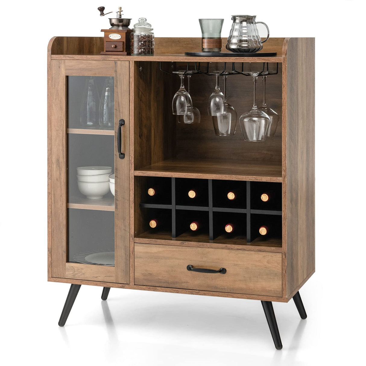 Wine Cabinet, Buffet Sideboard with Removable Wine Rack, Drawer, Shelves, Tempered Glass Door & Glass Holder, Wooden Wine Storage Sideboard for Kitchen, Dining Room, Living Room