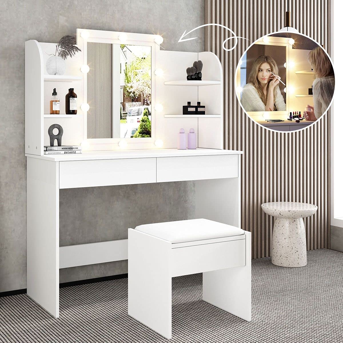 Luxsuite Dressing Table Stool Set with Led Light Makeup Vanity Table 2 Drawers Storage Shelves Mirror White