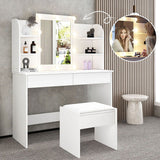 Luxsuite Dressing Table Stool Set with Led Light Makeup Vanity Table 2 Drawers Storage Shelves Mirror White