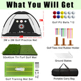 Golf Net, 10x7x3ft Golf Hitting Practice Nets Kit | with 2 Golf Training Mats, Including One for Swing Detection | Target Cloth, 15 Golf Tees, 12 Golf Balls | Driving Range for Backyard & Indoor