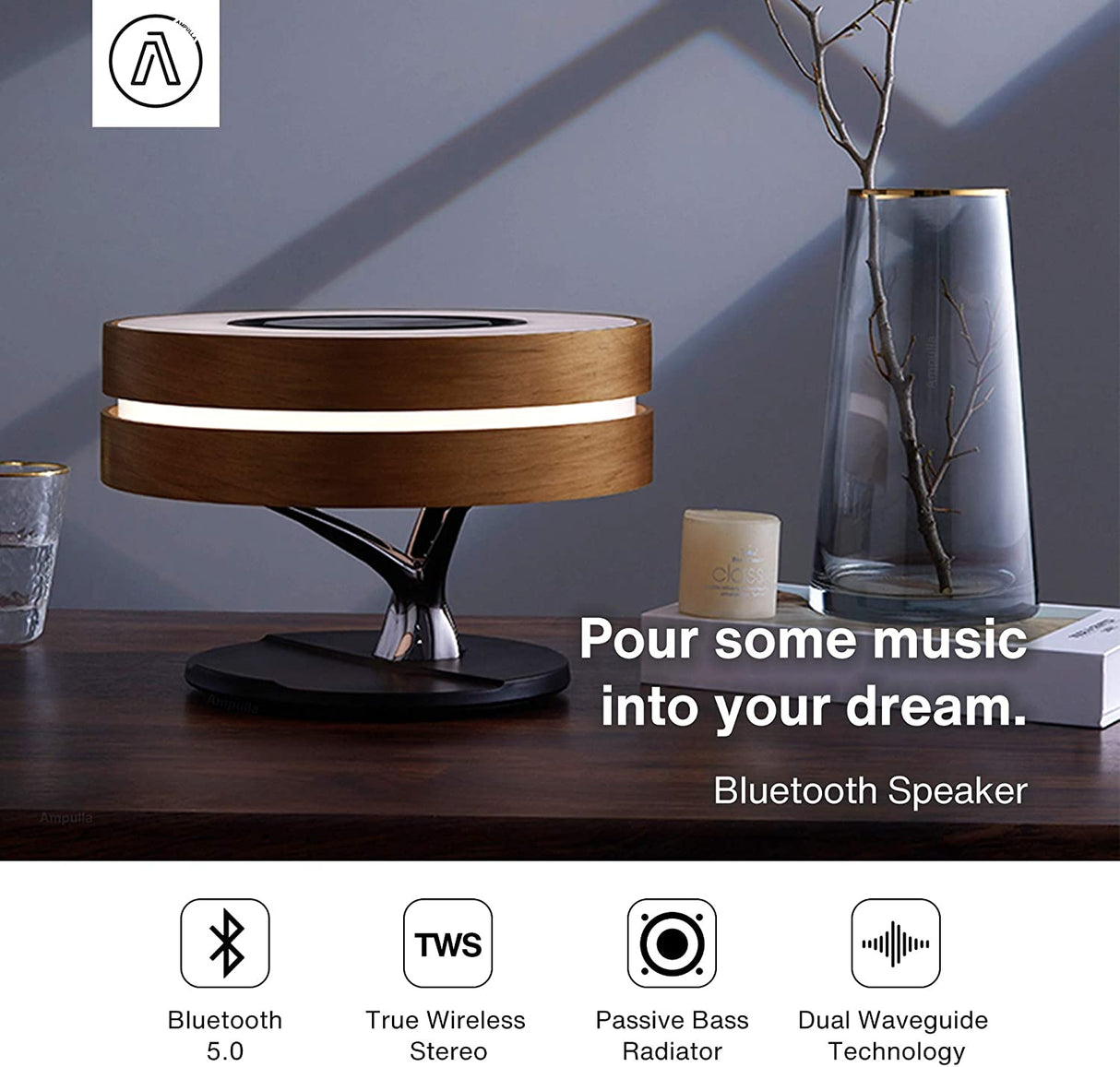 Ampulla Horizon Bedside Lamp with TWS Bluetooth Speaker and 10W Wireless Charger, Table Lamp Desk Lamp with Digital Clock, Stepless Dimming and Sleep Mode for Light Sleeper