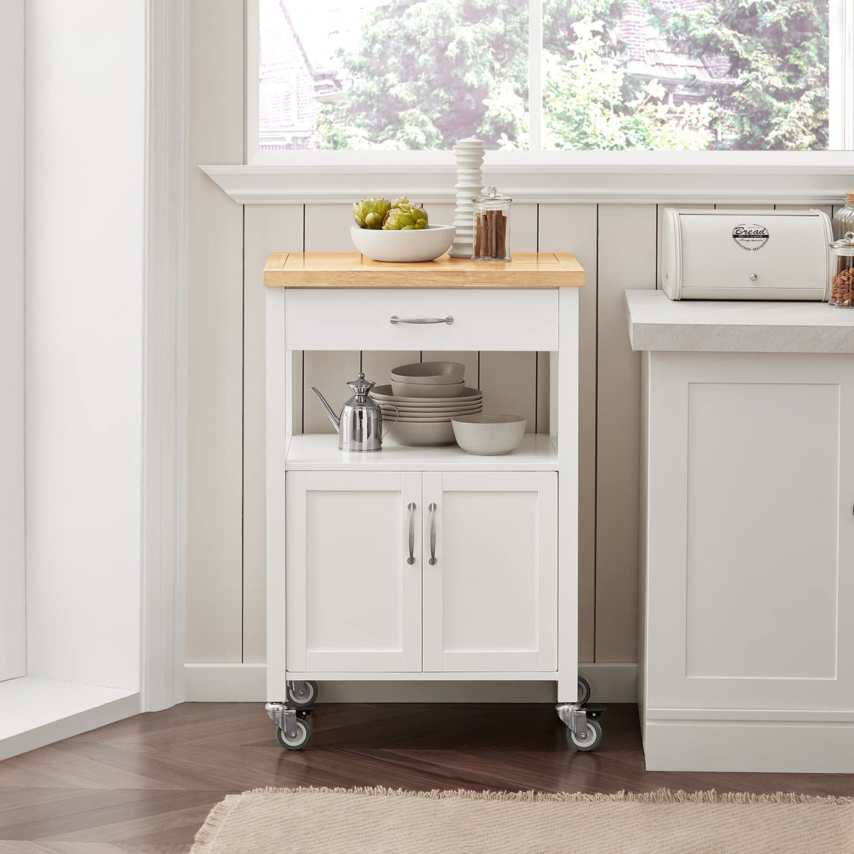 Kitchen Trolley Cart Storage Trolley Serving Trolley Kitchen Cabinet with Rubber Wood Worktop