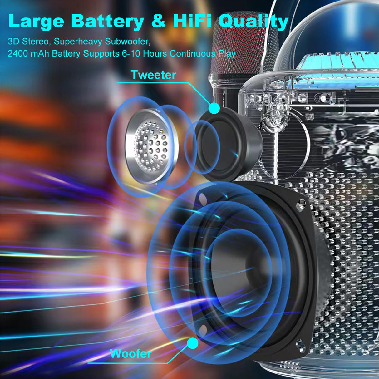 Bluetooth Karaoke Machine with Two Wireless Microphones, Portable Design with Large Battery, RGB Light Effects & Voice Changer, Bluetooth 5.0 Powerful Speaker, AUX and TF Card Input, White