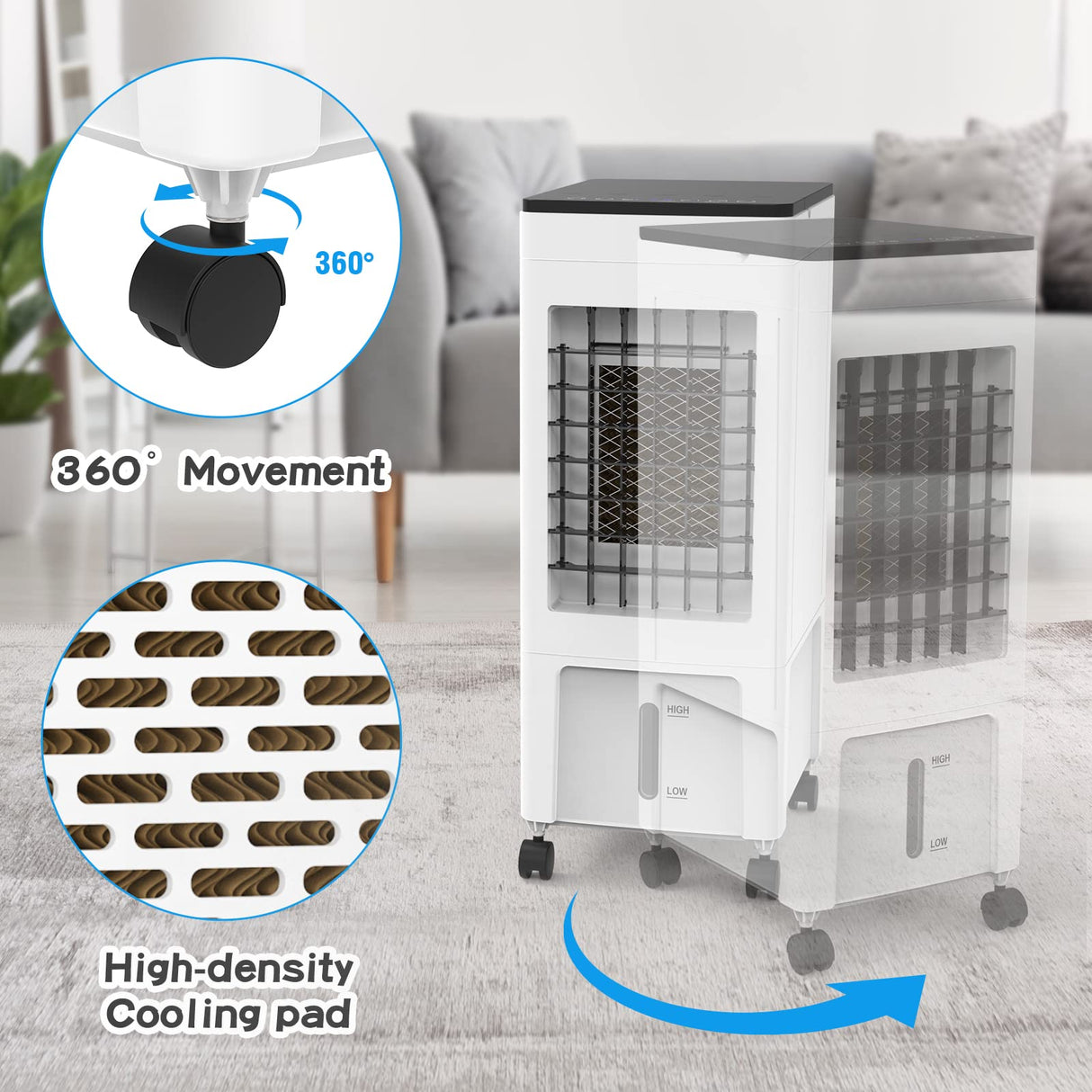 8L Evaporative Air Cooler, 3 in1 Portable Air Cooler Air Conditioner Fan 3 Speeds, w/Remote & 4 Ice Box, White