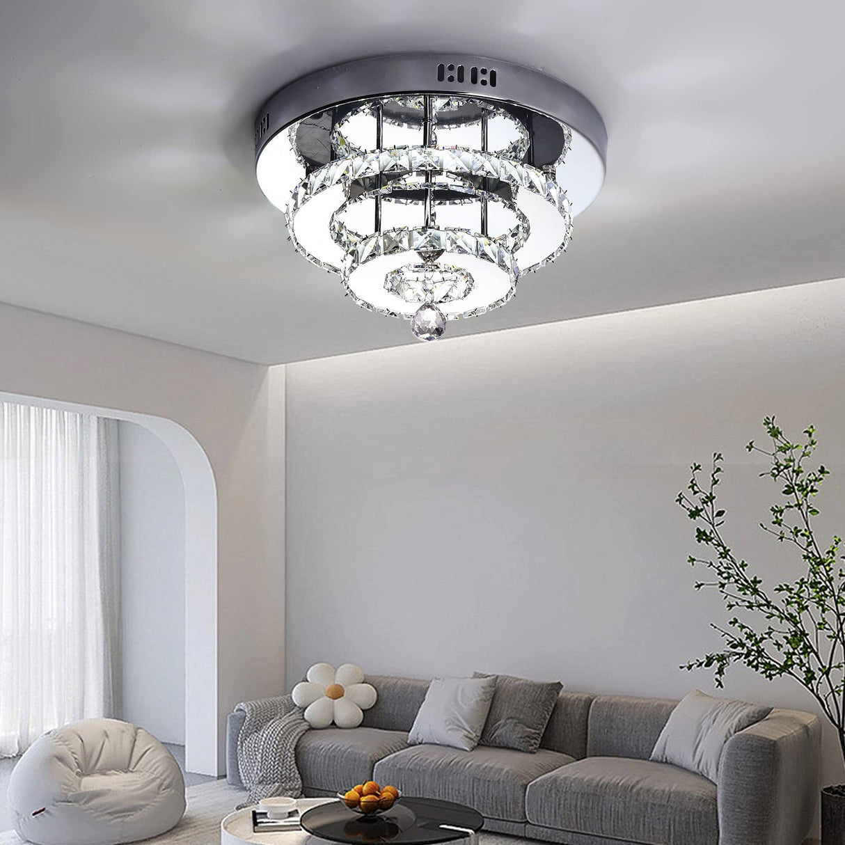 Crystal LED Ceiling Light, Ceiling Crystal Lamp Stainless Steel K9 Modern Flush Mount Lights Fixture 2 Layers Round Chandelier Ceiling Lamp for Dining Room Living Room Bedroom
