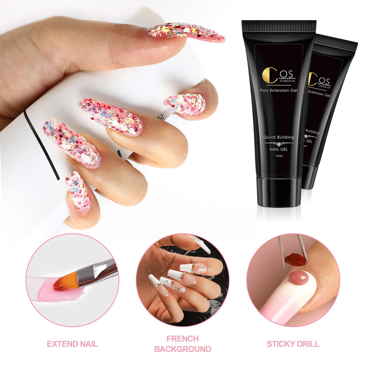 Poly Nail Gel Kit with 36W Nail Lamp 6pcs Builder Extension Gel Slip Solution Base Coat Top Coat Nail Art Design Manicure Tools Decorations