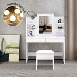 Luxsuite Dressing Table Stool Set with Led Light Makeup Vanity Table 2 Drawers Storage Shelves Mirror White