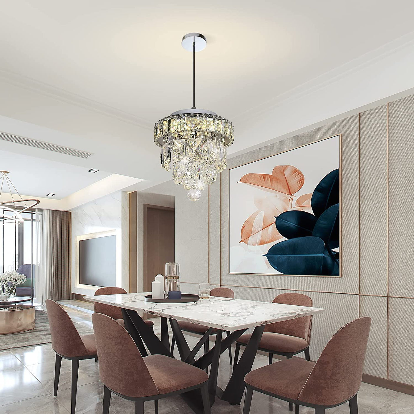 Mini Crystal Chandelier,Chrome Ceiling Pendant Light Fixtures,LED Crystal Flush Mount Ceiling Light Dimmable with Remote for Bedroom Dining Room Hallway(18W/3000-6500K)