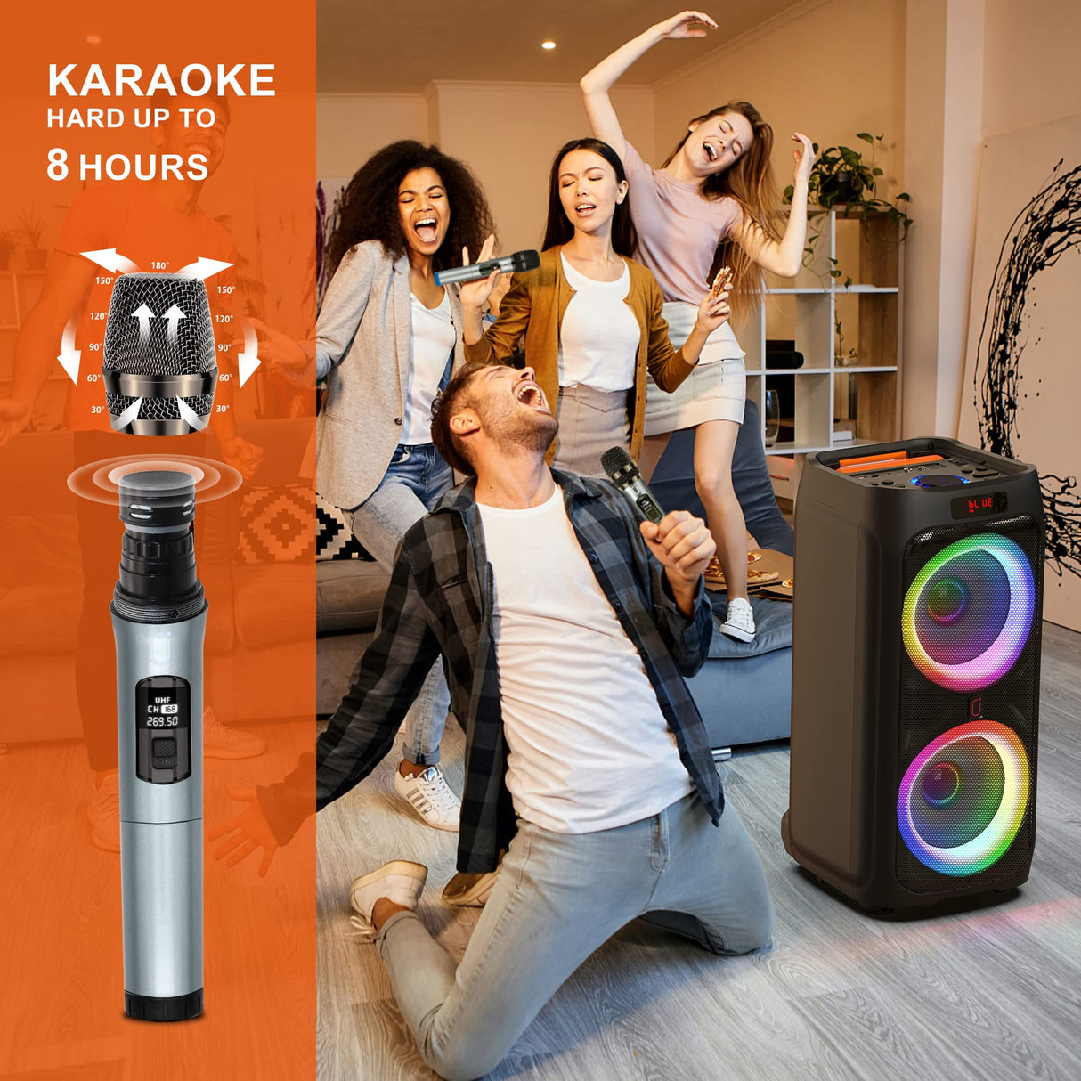 Karaoke Machine with 2 Wireless Microphones for Adults, 8" Subwoofer Big Bluetooth Speaker with 500W Peak Power,PA System with DJ Light, Rolling Wheels and Trolley, Perfect for Outdoor Party