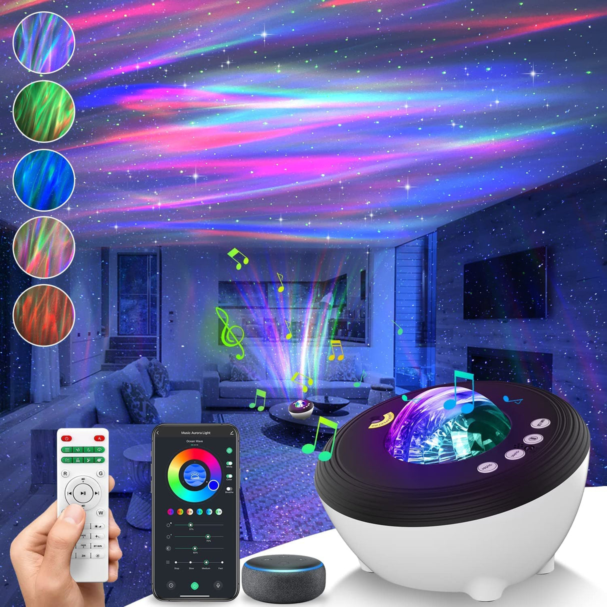 Galaxy Projector Aurora Projector Star, Star Projector Night Light Projector Compatible With Alexa, Built-in Speaker, 15 Color Modes 8 Types of White Noise Star Projector, Gifts for Kids/Adults