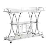 Chrome Stainless Steel & Glass Shelves Bar Cart Holders with 12 Glasses and 11 Wine Bottles, Silver