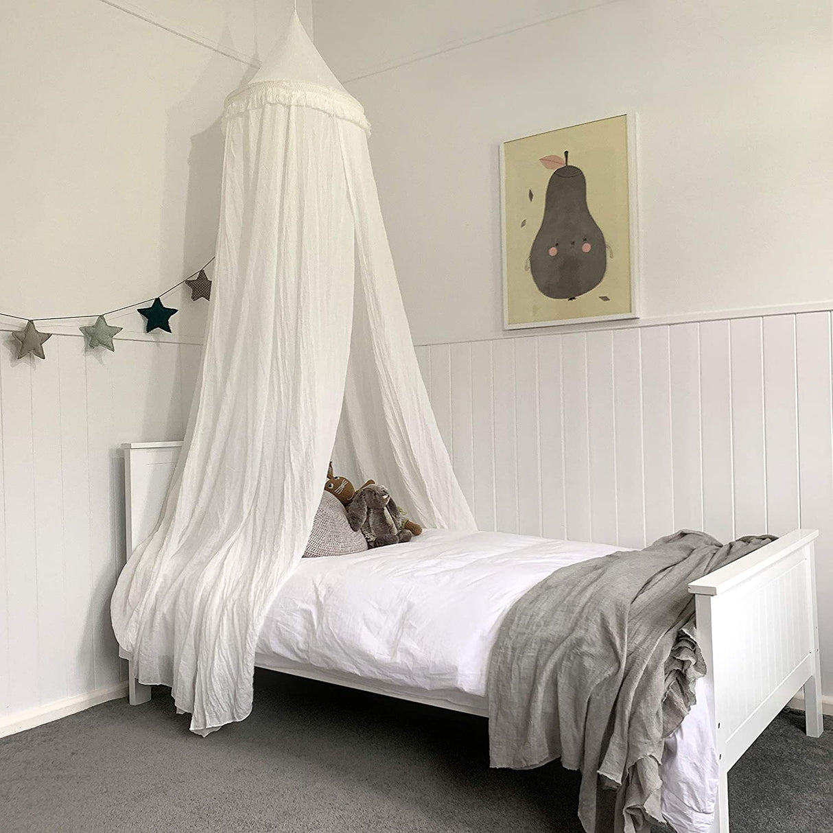 Soft White Hanging Bed Canopy with Tassels for Girls, Boys, Kids Rooms, Beds or Cribs. Nursery Decoration, Sheer Drapes for Child, Play, Reading or Hideaway Princess Tent