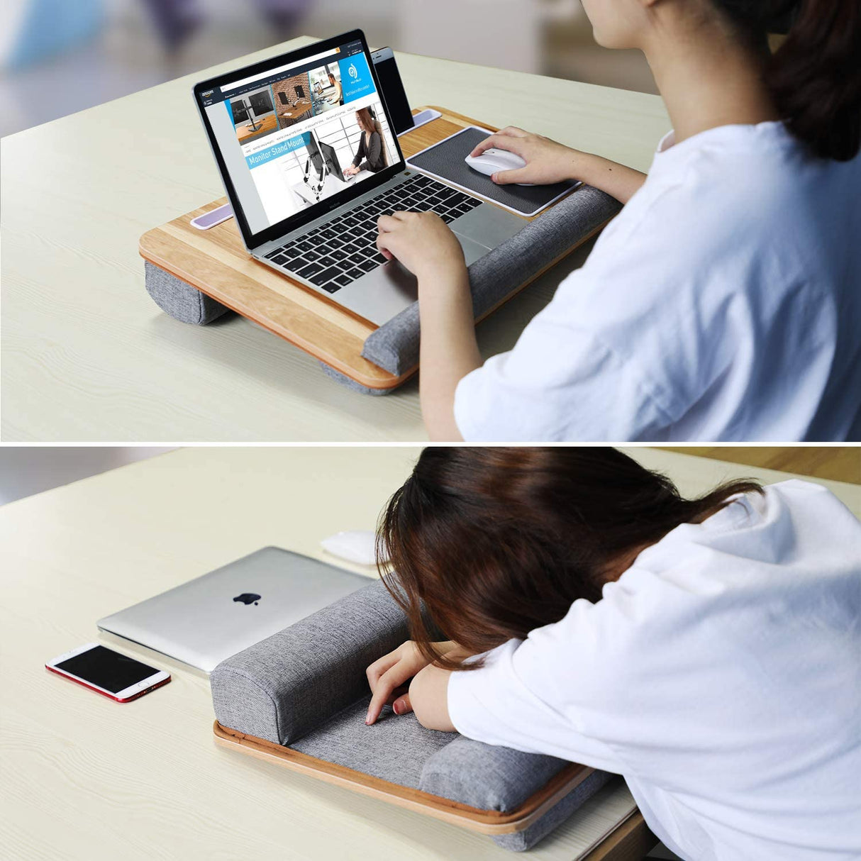 Lap Desk - Fits up to 17" Laptop Desk, Built in Mouse Pad &amp; Wrist Pad for Notebook, MacBook, Tablet, Laptop Stand with Tablet, Pen &amp; Phone Holder (Wood Grain)